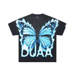DUAA Blue Butterfly Graphic Black Short‑Sleeve T‑Shirt