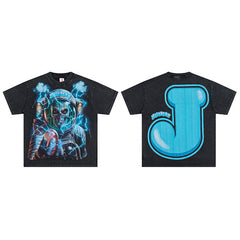 Jellybean Blue Skull Graphic Double‑Sided Print Short Sleeve T‑Shirt