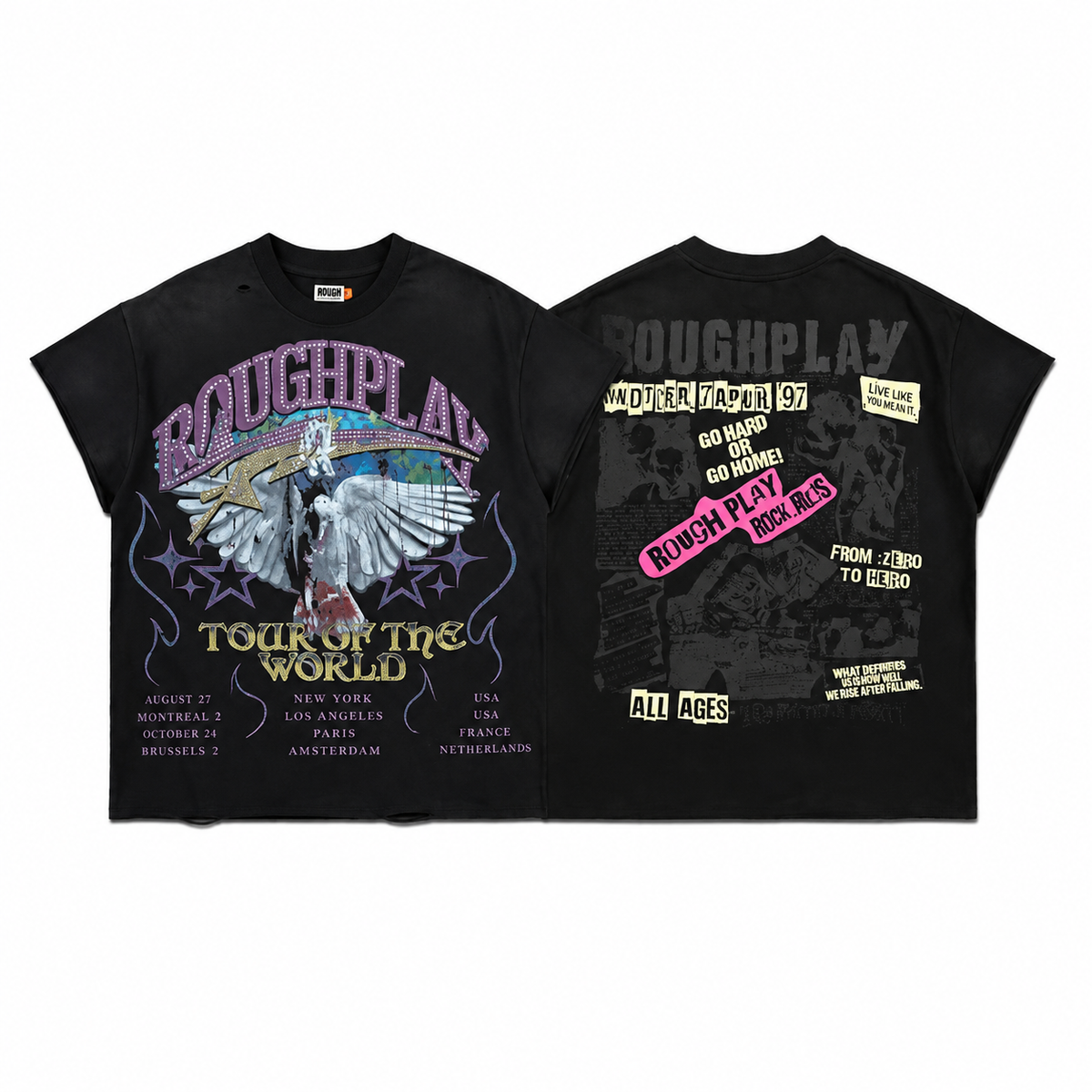 Roughplay Vintage Eagle Tour Graphic Double‑Sided Print Short Sleeve T‑Shirt