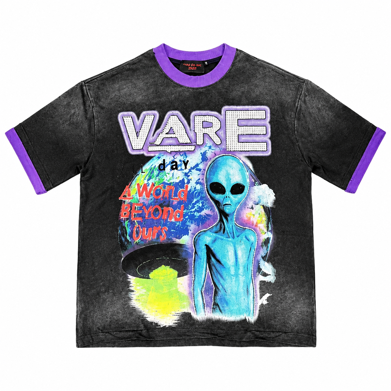 Vareallday Alien‑Graphic Purple‑Trim Ringer T‑Shirt