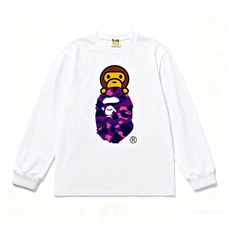 BAPE Style Baby Milo Peeking on Camo Ape Head Long-Sleeve Tee - White/Purple