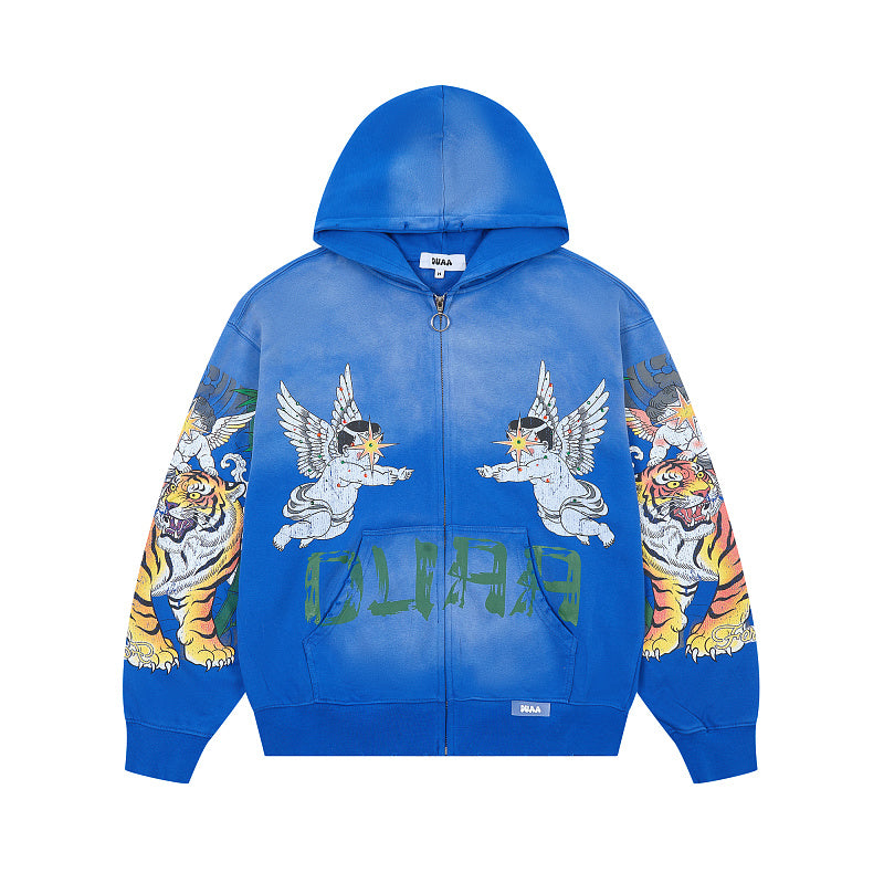 DUAA Blue Tiger & Angel Zip‑Up Hoodie