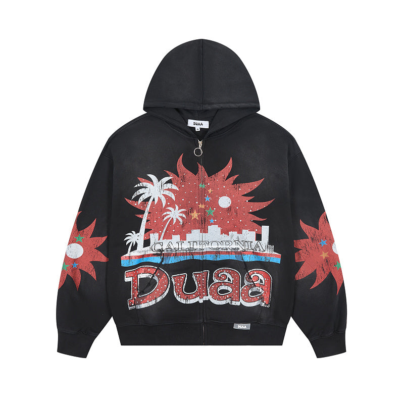 DUAA Black Palm Tree Graphic Zip‑Up Hoodie
