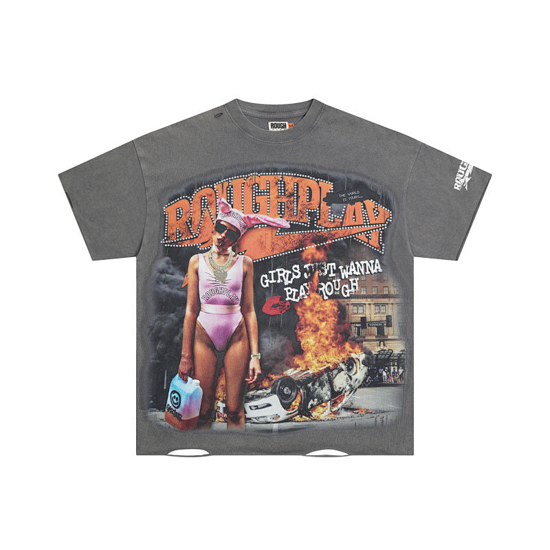 Roughplay Retro Hip‑Hop Lady Graphic Short Sleeve T‑Shirt