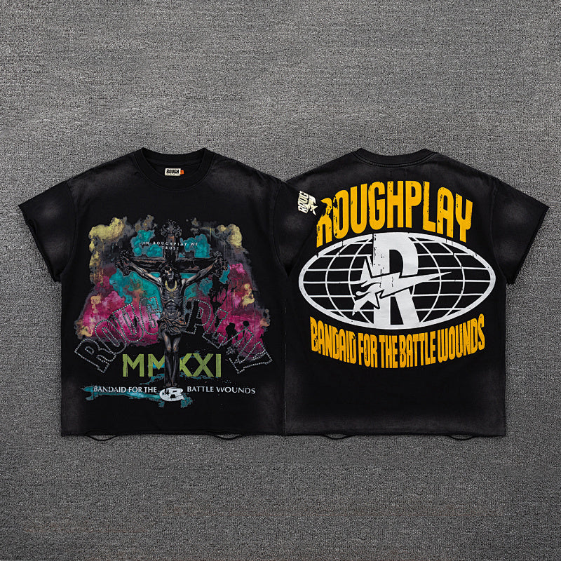 Roughplay Colorful Graffiti Graphic Double‑Sided Print Short Sleeve T‑Shirt