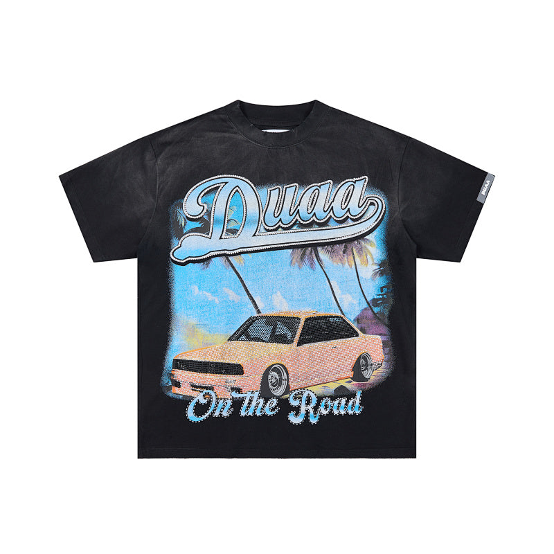 DUAA Vintage‑Car Graphic Black Short‑Sleeve T‑Shirt