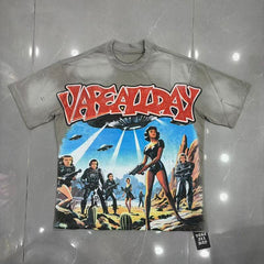 Vareallday Movie‑Graphic Washed‑Grey Short‑Sleeve T‑Shirt