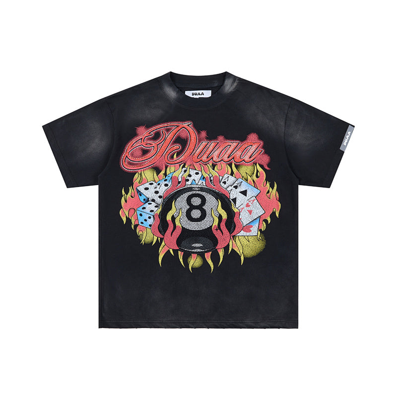 DUAA Floral‑Letter Graphic Black Short‑Sleeve T‑Shirt
