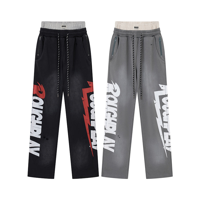Roughplay Letter Print Wide‑Leg Sweatpants