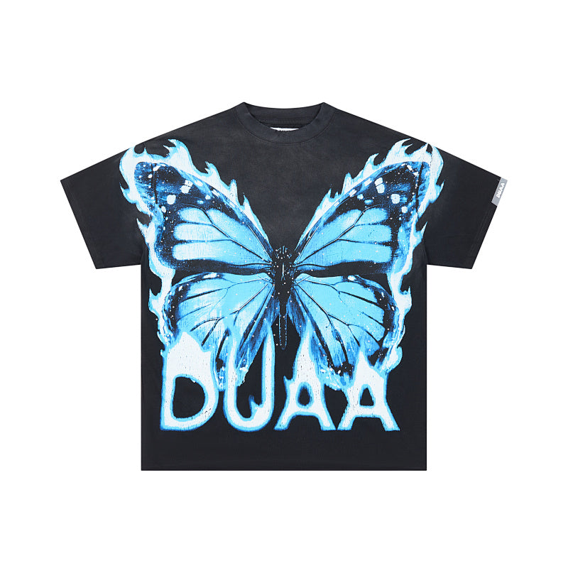 DUAA Blue Butterfly Graphic Black Short‑Sleeve T‑Shirt