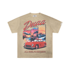 DUAA Retro‑Car Graphic Khaki Short‑Sleeve T‑Shirt