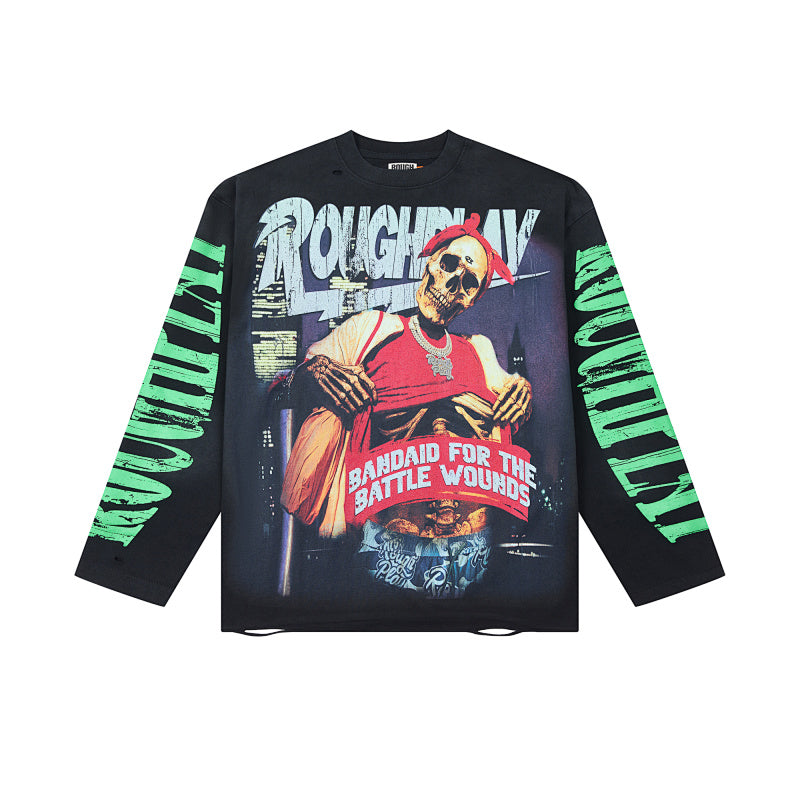 Roughplay Contrast Sleeve Graphic Long‑Sleeve Top