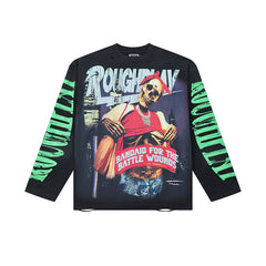 Roughplay Contrast Sleeve Graphic Long‑Sleeve Top