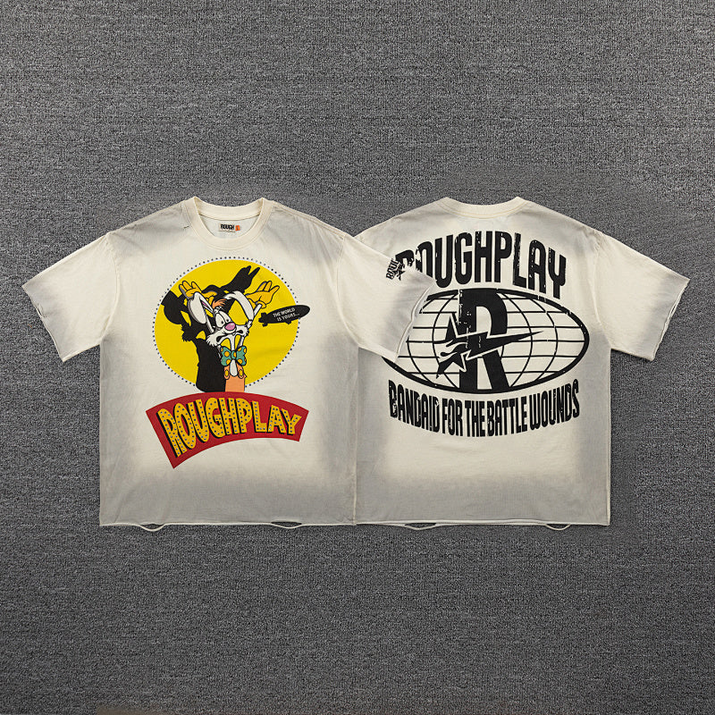Roughplay Retro Cartoon Graphic Double‑Sided Print Short Sleeve T‑Shirt