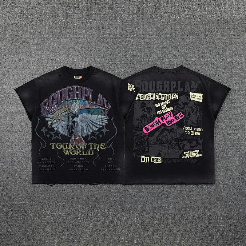 Roughplay Vintage Eagle Tour Graphic Double‑Sided Print Short Sleeve T‑Shirt