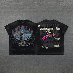 Roughplay Vintage Eagle Tour Graphic Double‑Sided Print Short Sleeve T‑Shirt