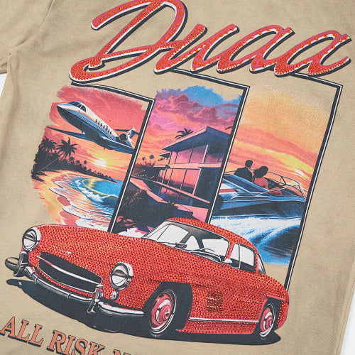 DUAA Retro‑Car Graphic Khaki Short‑Sleeve T‑Shirt