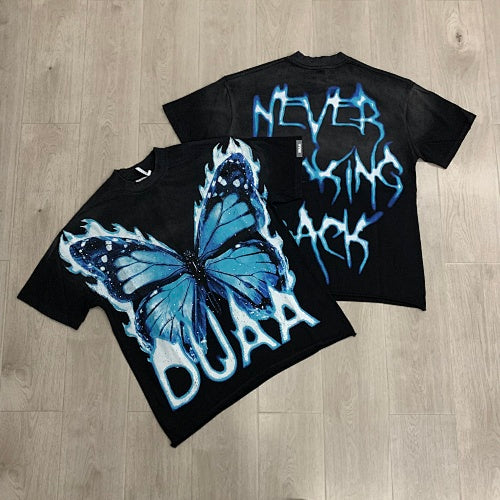 DUAA Blue Butterfly Graphic Black Short‑Sleeve T‑Shirt