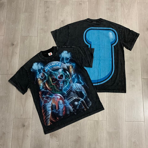 Jellybean Blue Skull Graphic Double‑Sided Print Short Sleeve T‑Shirt