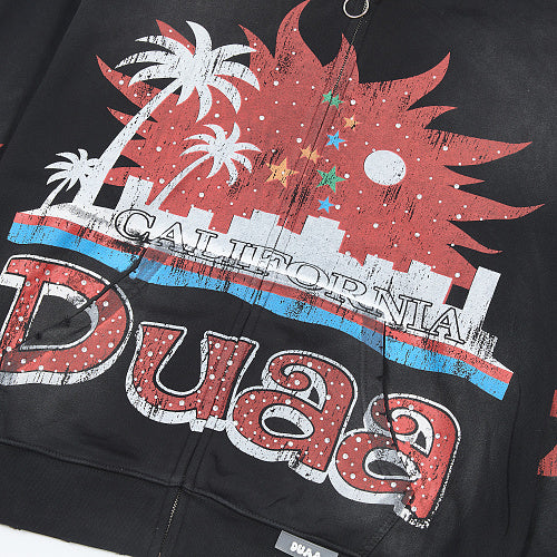DUAA Black Palm Tree Graphic Zip‑Up Hoodie