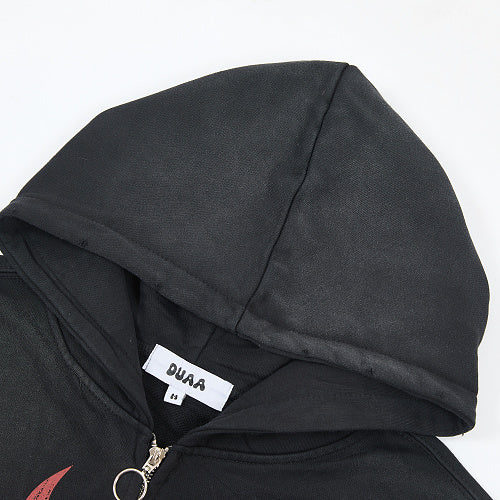 DUAA Black Palm Tree Graphic Zip‑Up Hoodie
