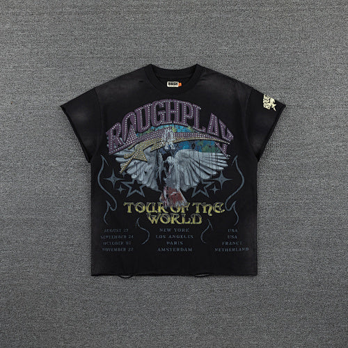 Roughplay Vintage Eagle Tour Graphic Double‑Sided Print Short Sleeve T‑Shirt