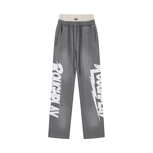 Roughplay Letter Print Wide‑Leg Sweatpants