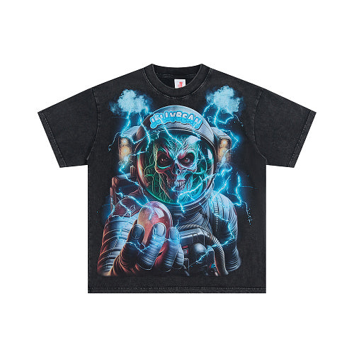 Jellybean Blue Skull Graphic Double‑Sided Print Short Sleeve T‑Shirt