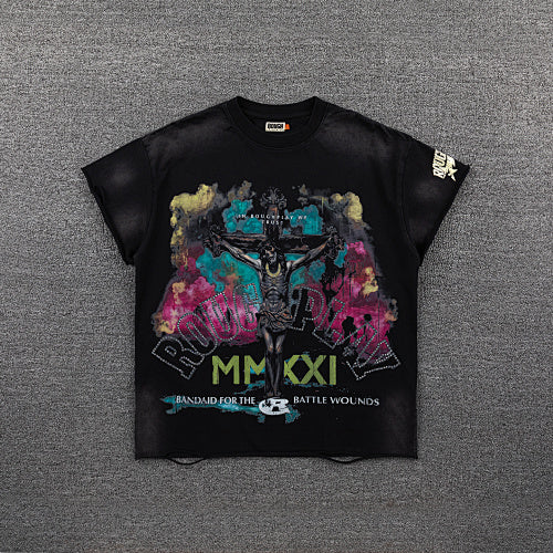 Roughplay Colorful Graffiti Graphic Double‑Sided Print Short Sleeve T‑Shirt