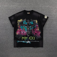 Roughplay Colorful Graffiti Graphic Double‑Sided Print Short Sleeve T‑Shirt