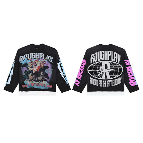 Roughplay Retro Figure Graphic Raglan Long Sleeve T‑Shirt