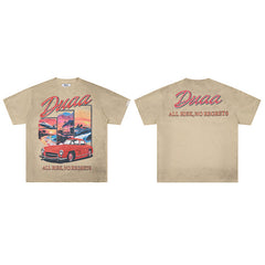 DUAA Retro‑Car Graphic Khaki Short‑Sleeve T‑Shirt