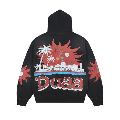 DUAA Black Palm Tree Graphic Zip‑Up Hoodie