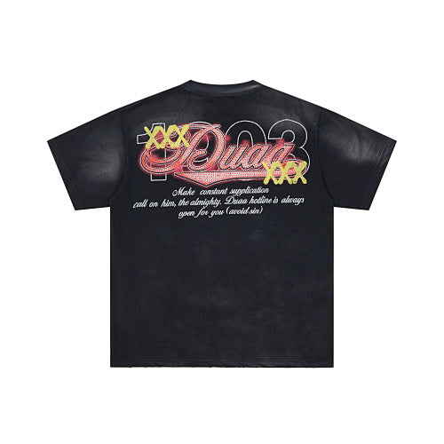 DUAA Floral‑Letter Graphic Black Short‑Sleeve T‑Shirt
