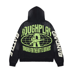 Roughplay Green Skull Graphic Zip‑Up Hoodie