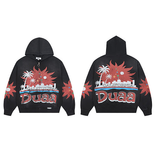 DUAA Black Palm Tree Graphic Zip‑Up Hoodie