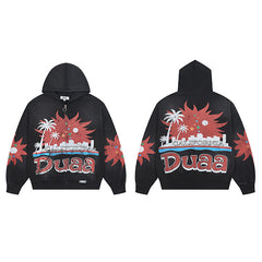 DUAA Black Palm Tree Graphic Zip‑Up Hoodie