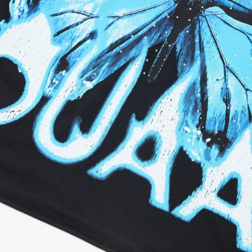 DUAA Blue Butterfly Graphic Black Short‑Sleeve T‑Shirt