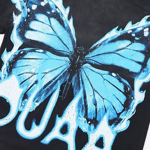 DUAA Blue Butterfly Graphic Black Short‑Sleeve T‑Shirt