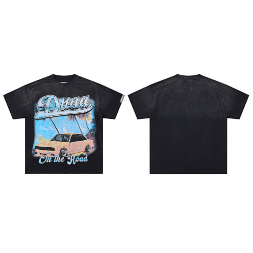 DUAA Vintage‑Car Graphic Black Short‑Sleeve T‑Shirt