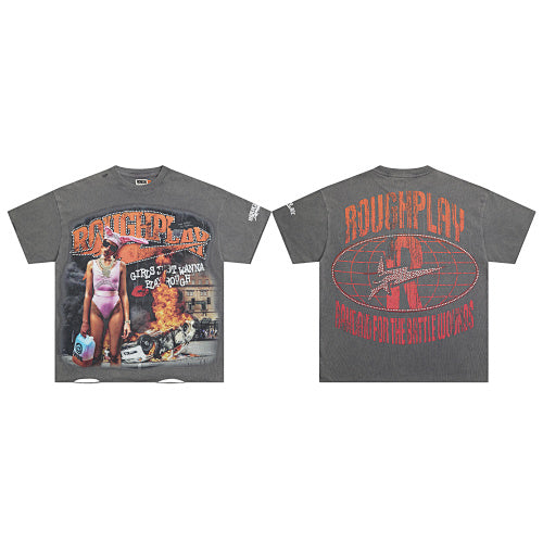 Roughplay Retro Hip‑Hop Lady Graphic Short Sleeve T‑Shirt