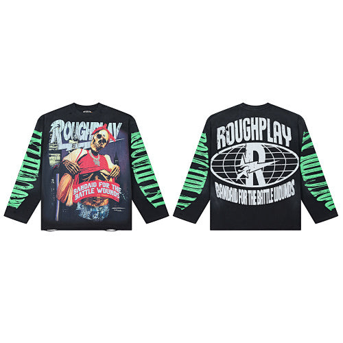 Roughplay Contrast Sleeve Graphic Long‑Sleeve Top