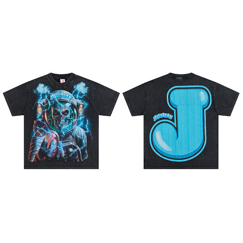Jellybean Blue Skull Graphic Double‑Sided Print Short Sleeve T‑Shirt